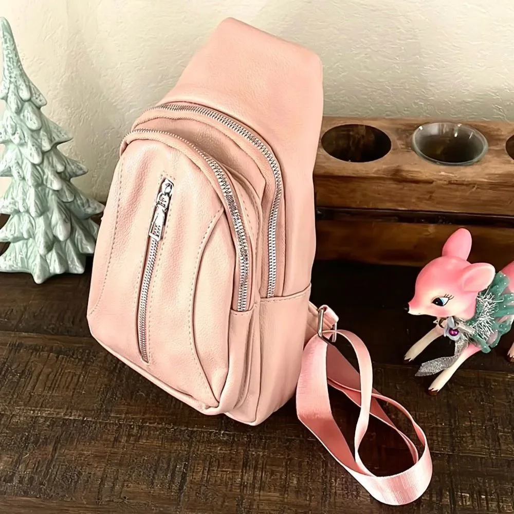 PINK FAUX LEATHER SMALL SLING BACKPACK NWT